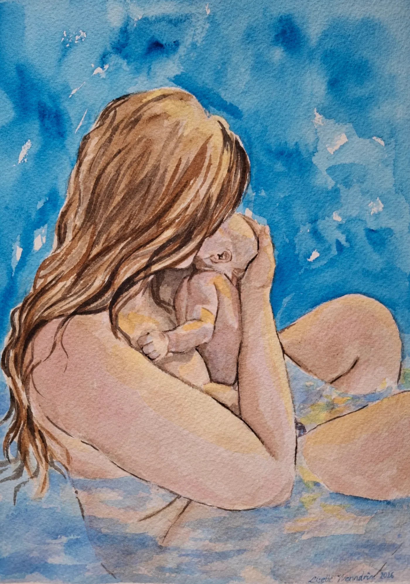 Akvarell av en mamma som håller sin nyfödda i vatten, av Lisette Wennström.